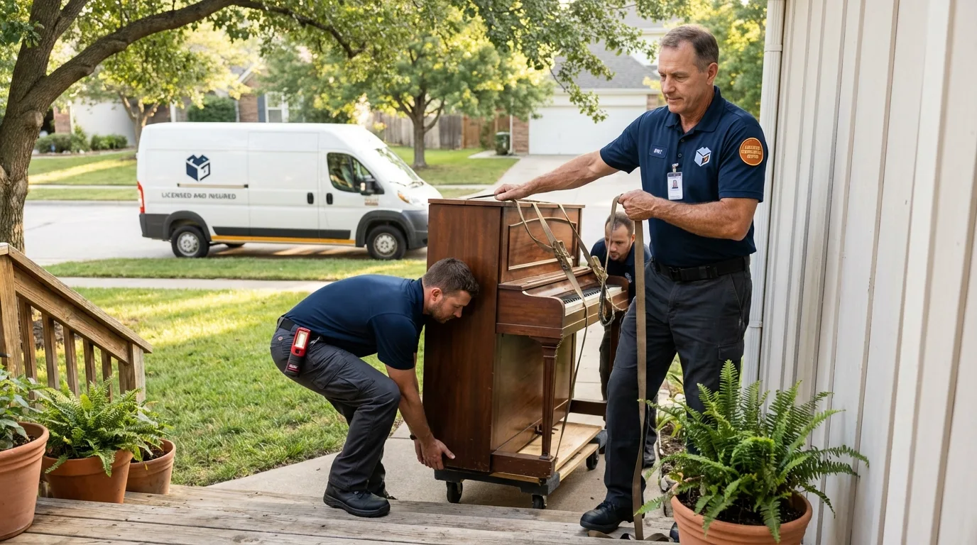 Licensed piano movers securing grand piano in Arkoma, OK