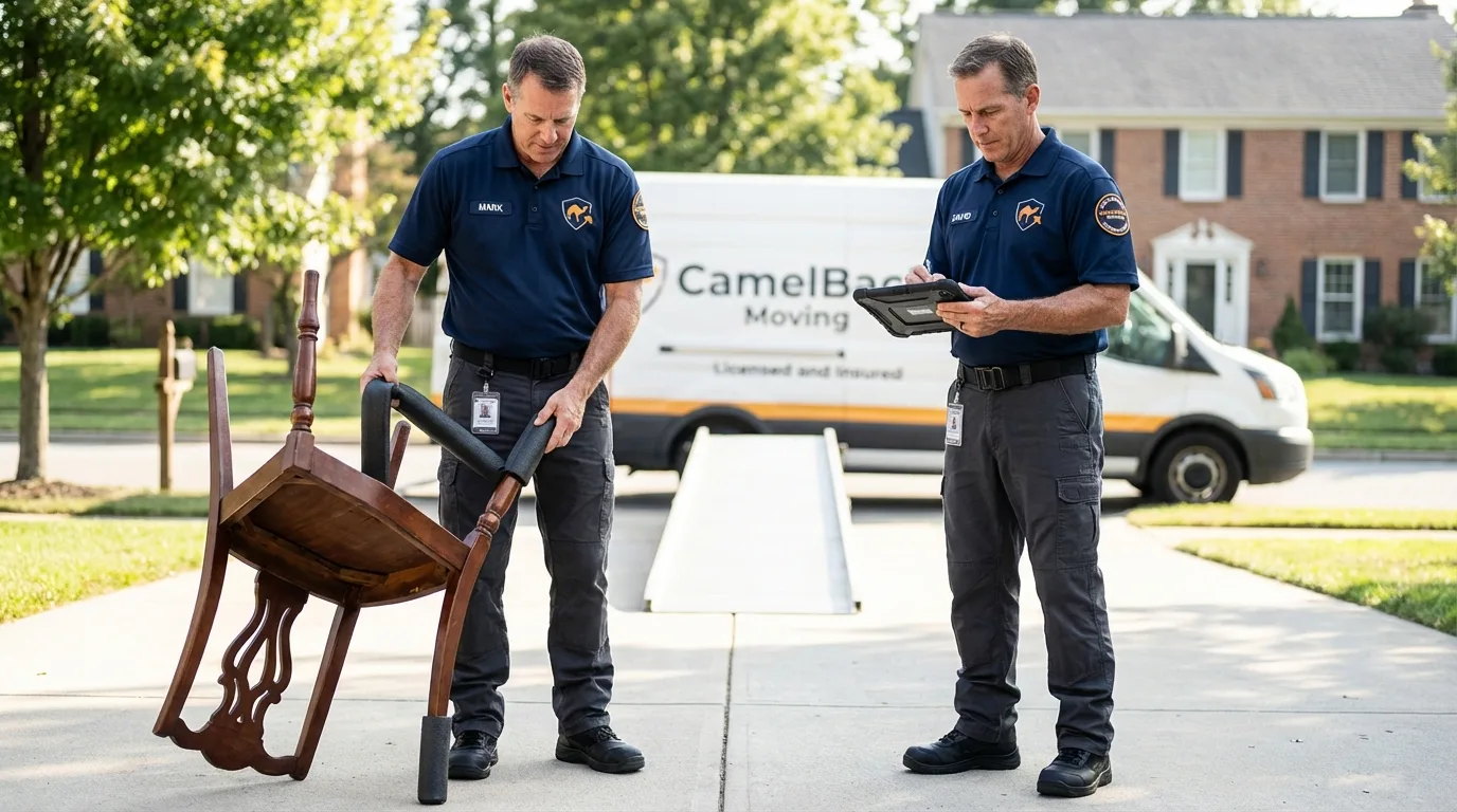 Movers inspecting furniture for damage prevention before loading in Arkoma, OK