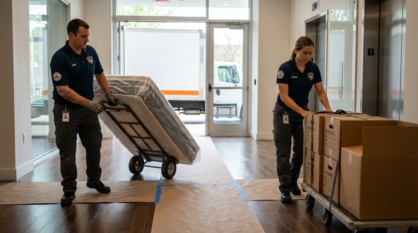 Professional apartment movers loading elevator in Arkoma, OK