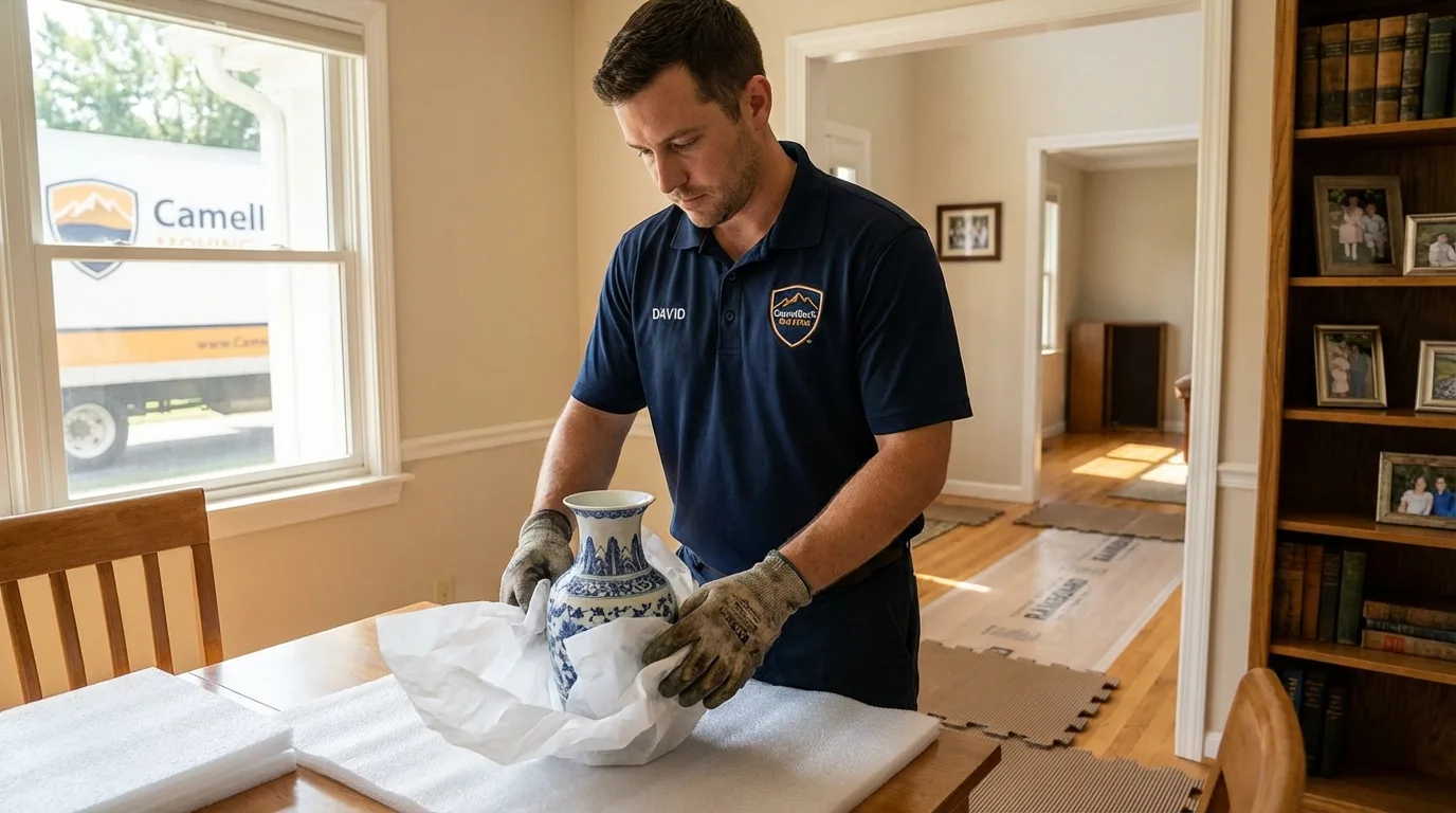 Professional crew carefully wrapping antique vase for senior downsizing move in Arkoma, OK