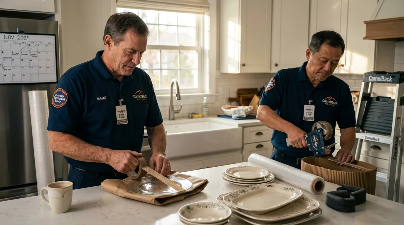 Professional crew packing kitchen dishware in Arkoma, OK